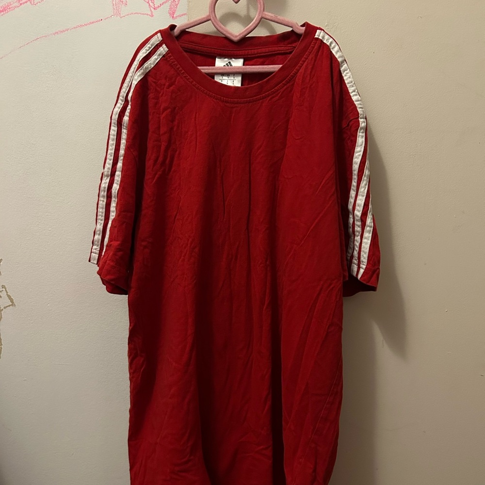 Adidas Red Tee with White Stripes
